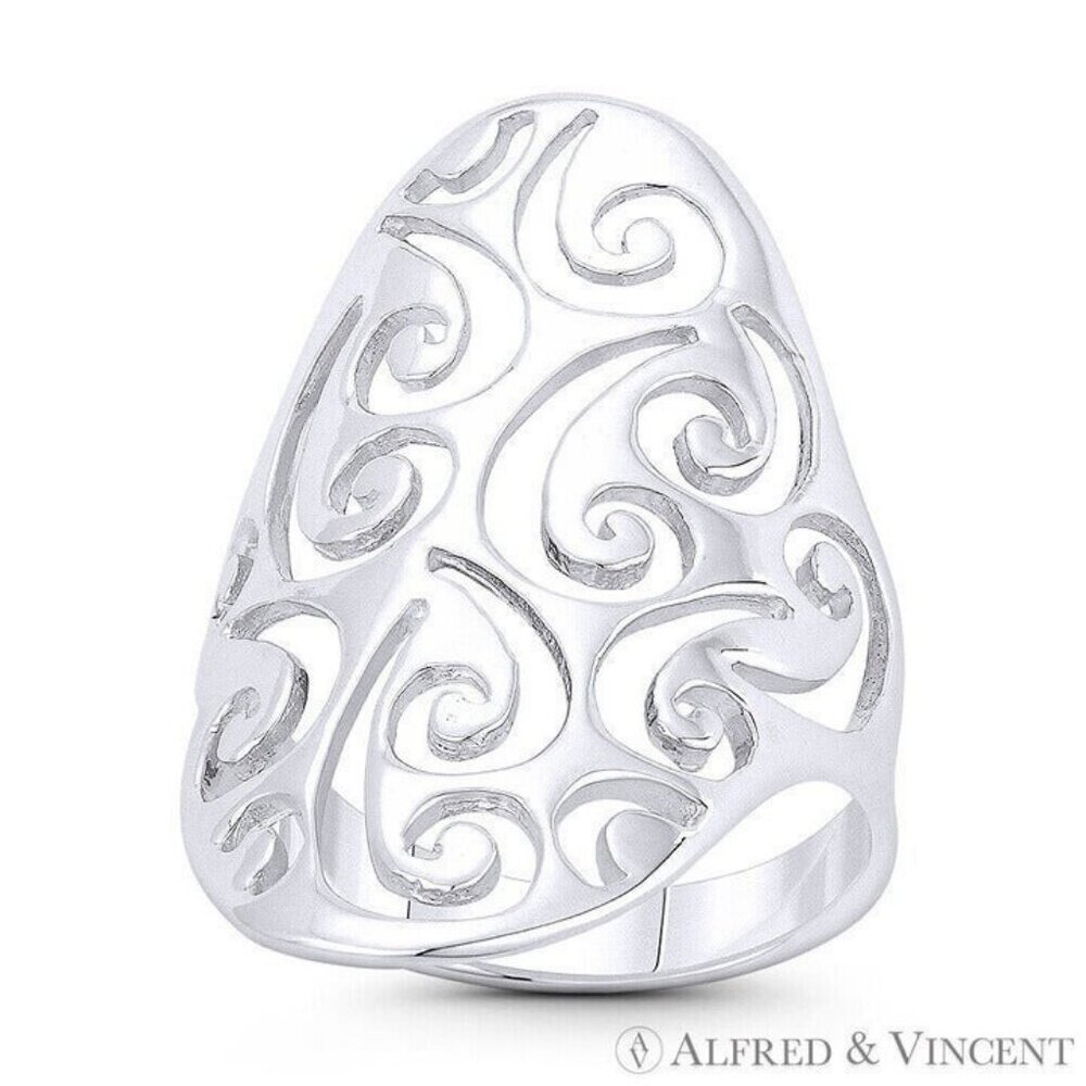 Spiral Pattern Cutout Oval Boho Statement Ring in .925 Sterling Silver - Size 6